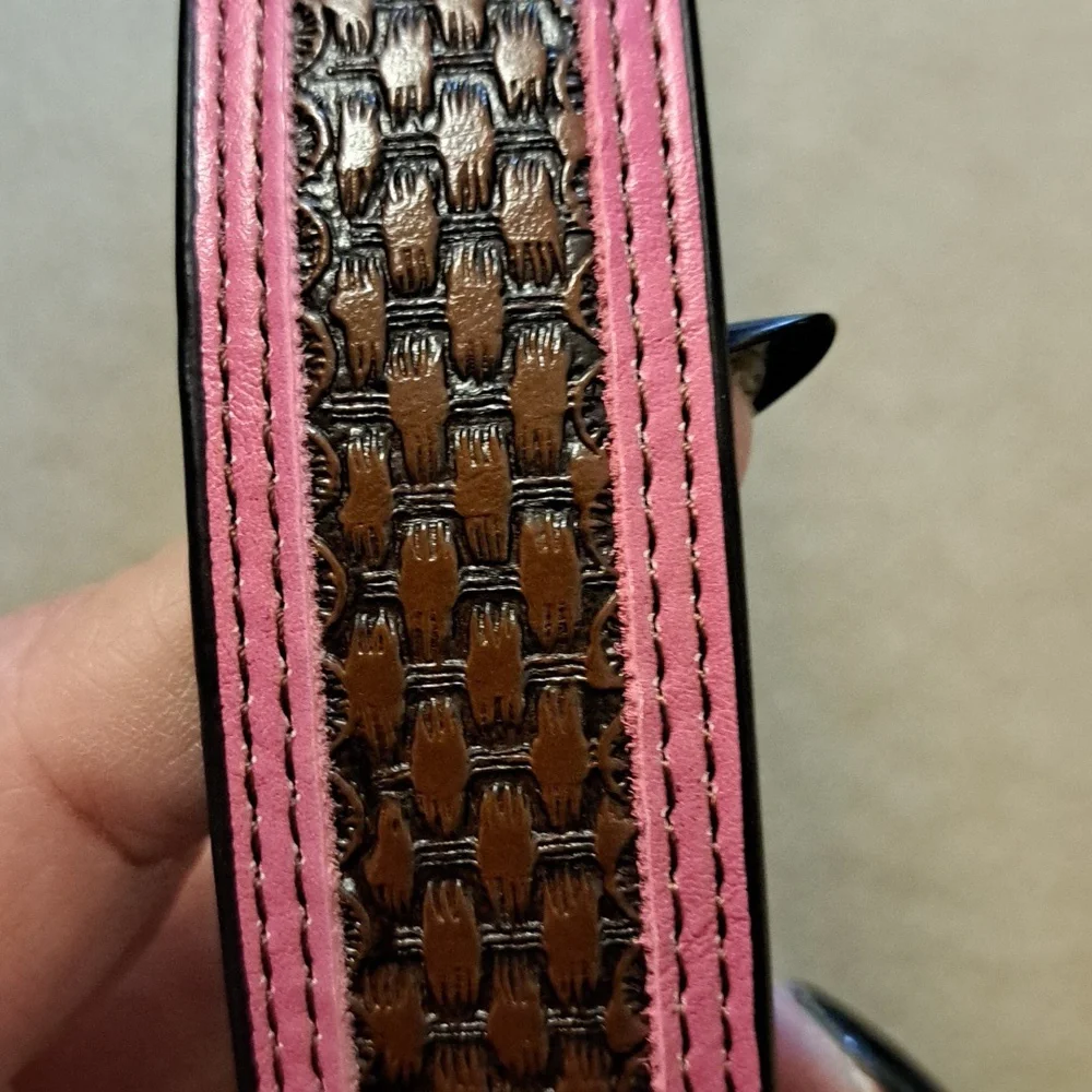 From Boot Barn Pink Leather Belt with Silver Buckle 32.5: